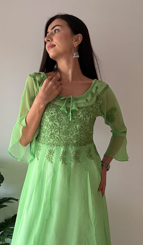 Aadab Women's Lakhnavi Handcrafted Faux-Georgette Chikankari Anarkali Dress - HONC0389400