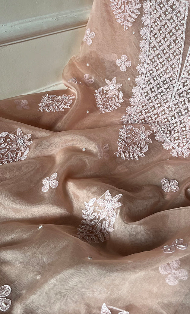 Women's Lakhnavi Handcrafted Organza Chikankari Unstitched Full Suit Material - HONC0277566