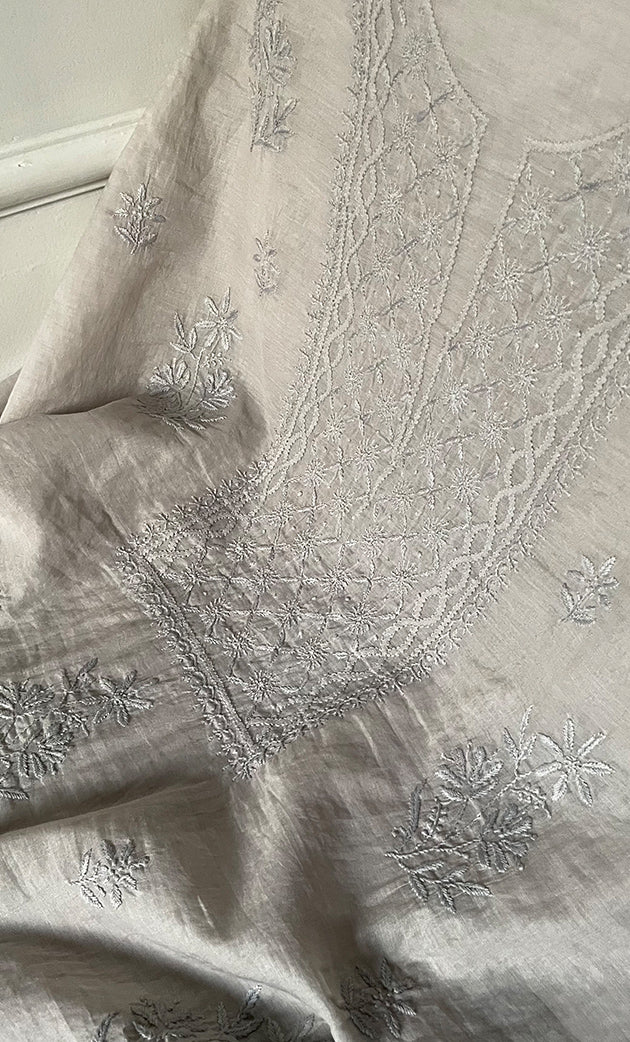 Women's Lakhnavi Handcrafted Mul Chanderi Unstitched Chikankari Full Suit Material - HONC0319531