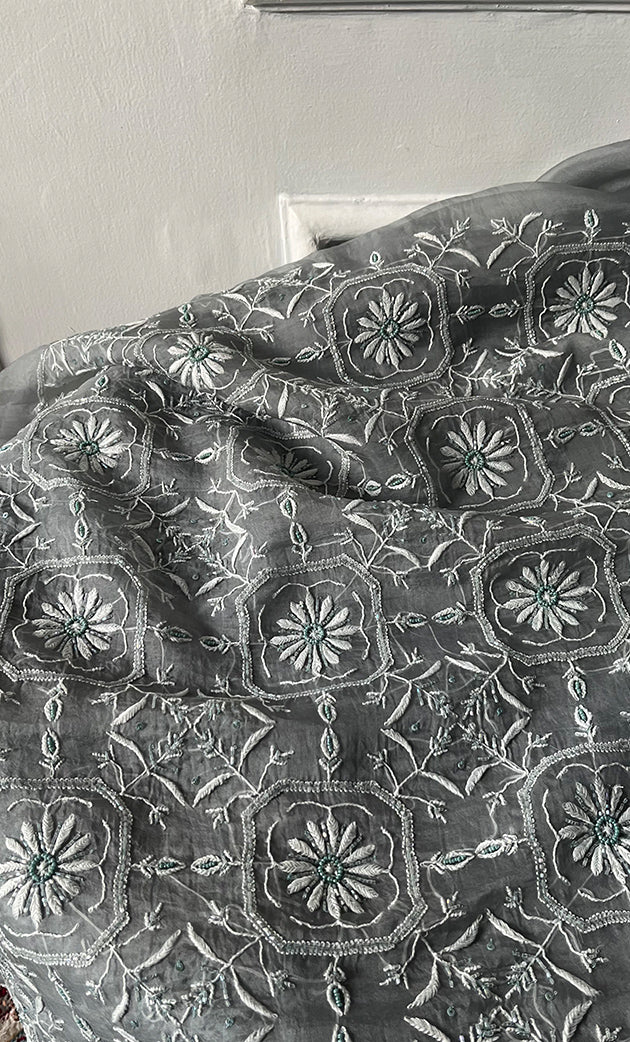 Women's Lakhnavi Handcrafted Pure Organza Chikankari Unstitched Kurta And Dupatta Set- HONC0319972