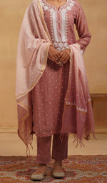 Load image into Gallery viewer, Jazba Women's Lakhnavi Handcrafted Mul Chanderi Chikankari Stitched Kurta, Dupatta And Pant Set - HONC0565945