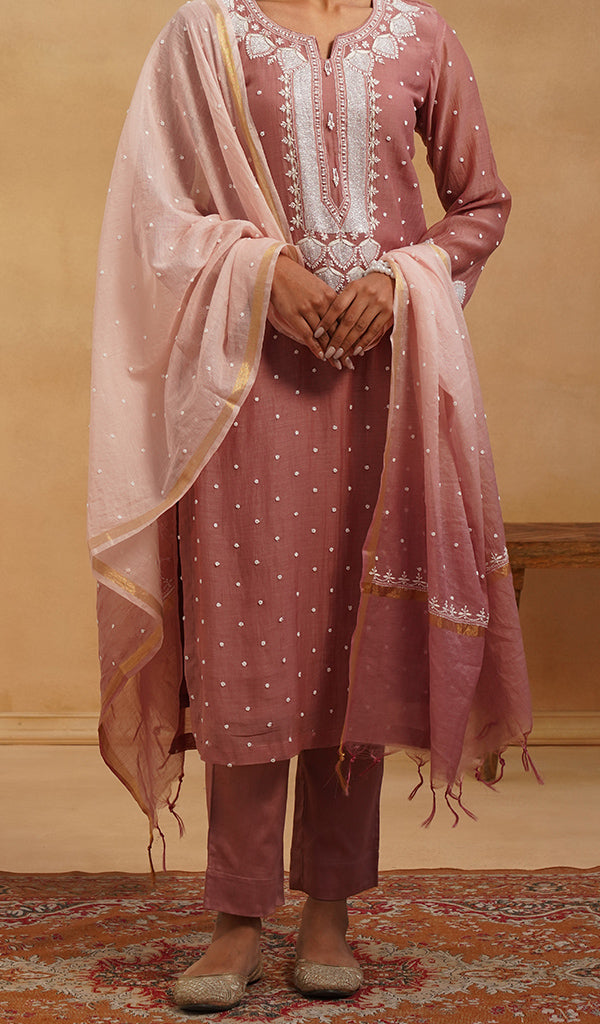 Jazba Women's Lakhnavi Handcrafted Mul Chanderi Chikankari Stitched Kurta, Dupatta And Pant Set - HONC0565945