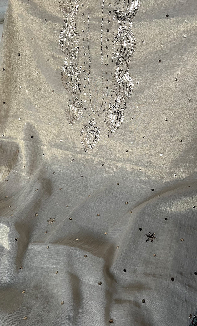 Lucknowi Handcrafted Tissue Chanderi Chikankari Unstitched Unisex Kurta Fabric - HONC0304295