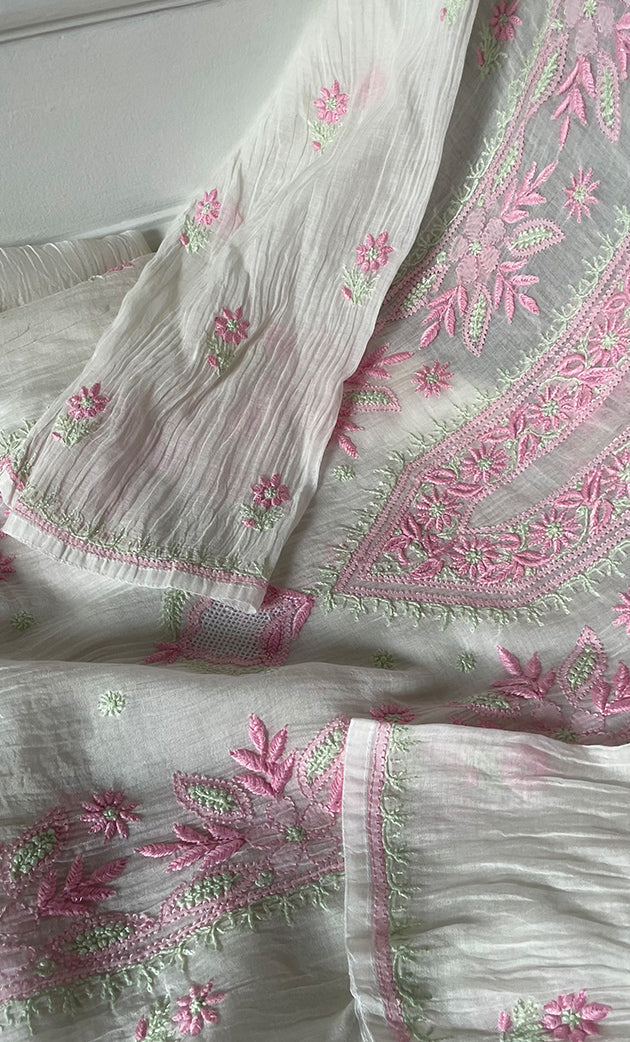 Women's Lakhnavi Handcrafted Mul Chanderi Semi - Stitched Kurta And Dupatta Set - HONC0314873