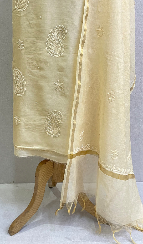 Women's Lakhnavi Handcrafted Chanderi Silk Chikankari Full Suit Material - HONC0170789