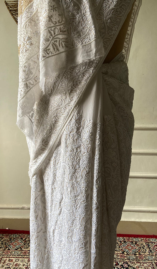 Women's Lakhnavi Handcrafted Pure Silk Georgette Chikankari Saree- HONC0178854