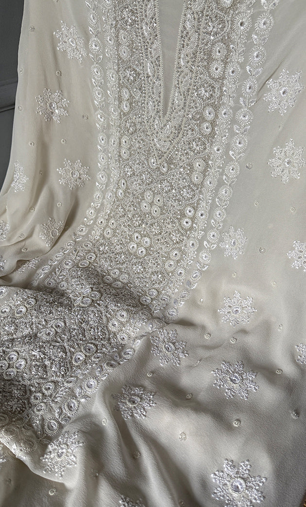 Women's Lakhnavi Handcrafted Pure Silk Georgette Chikankari Kurta And Dupatta Set- HONC0200115