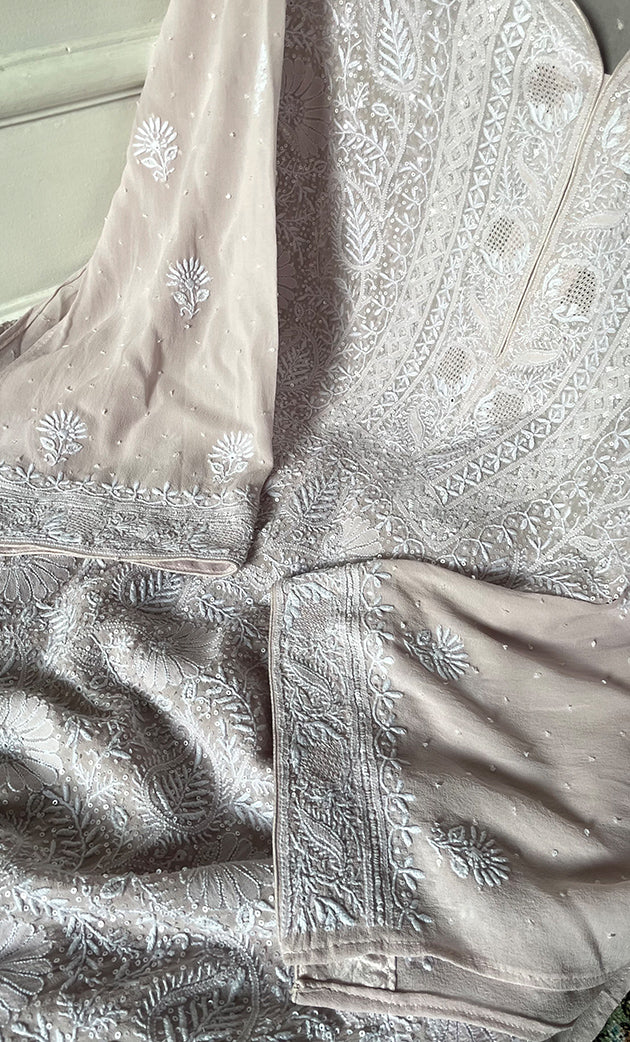 Women's Lakhnavi Handcrafted Pure Silk Georgette Semi - Stitched Chikankari Kurta And Dupatta Set - HONC0323529