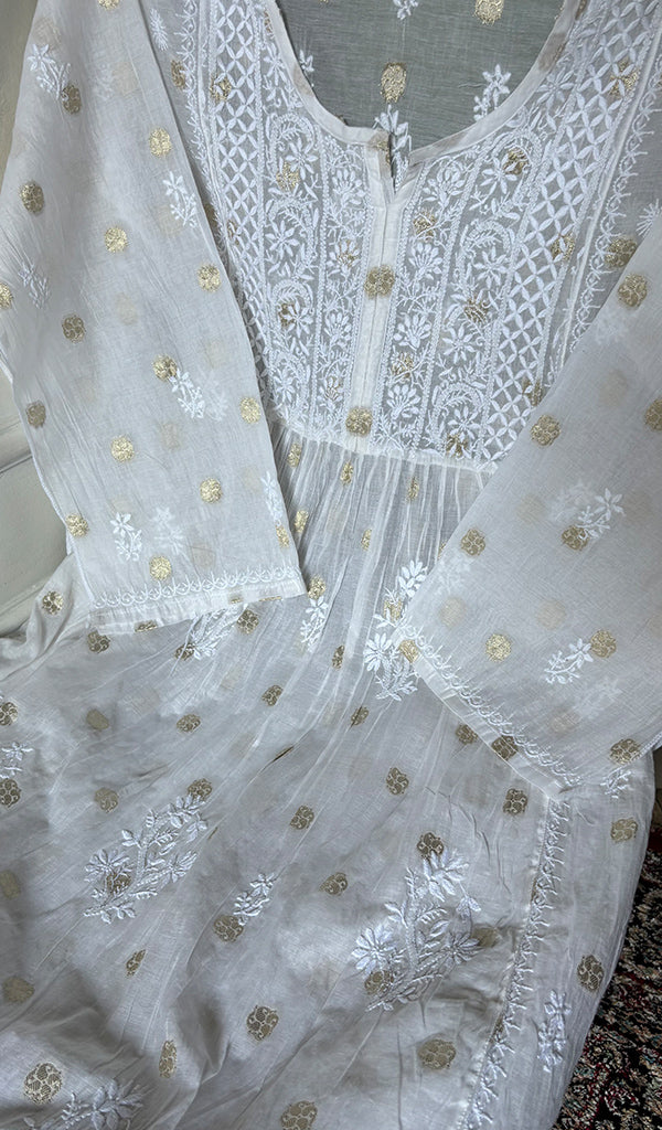 Women's Lakhnavi Handcrafted Mul Chanderi Semi - Stitchd Kurta And Dupatta Set - HONC0352064