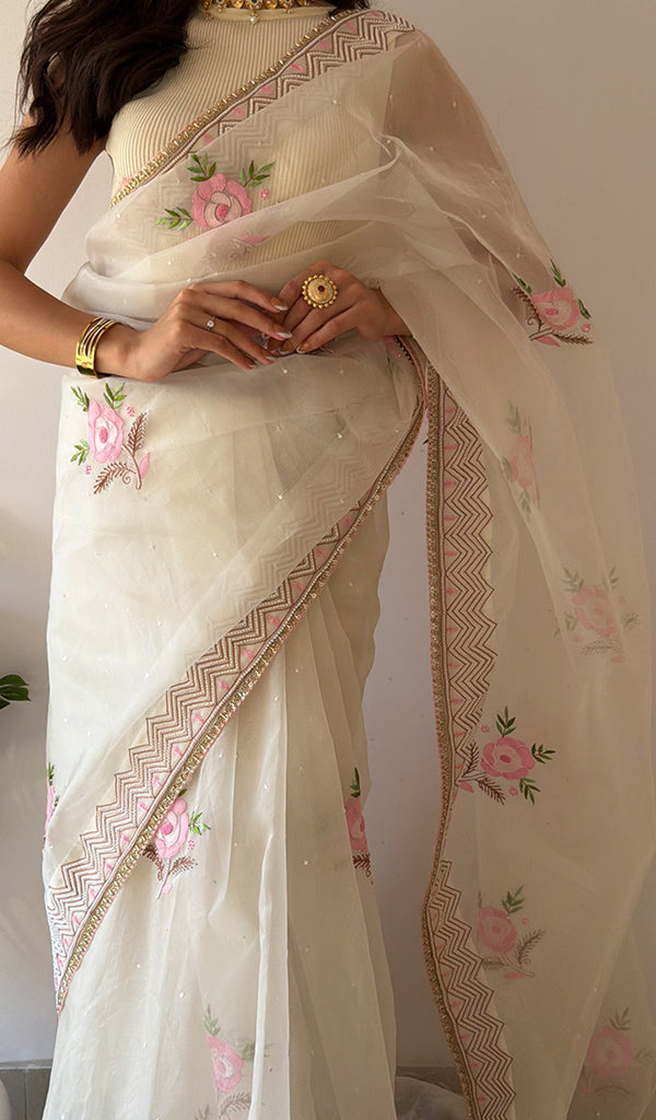 Zunaira Women's Lucknowi Handcrafted Pure Organza Silk Chikankari Saree - HONC0379177