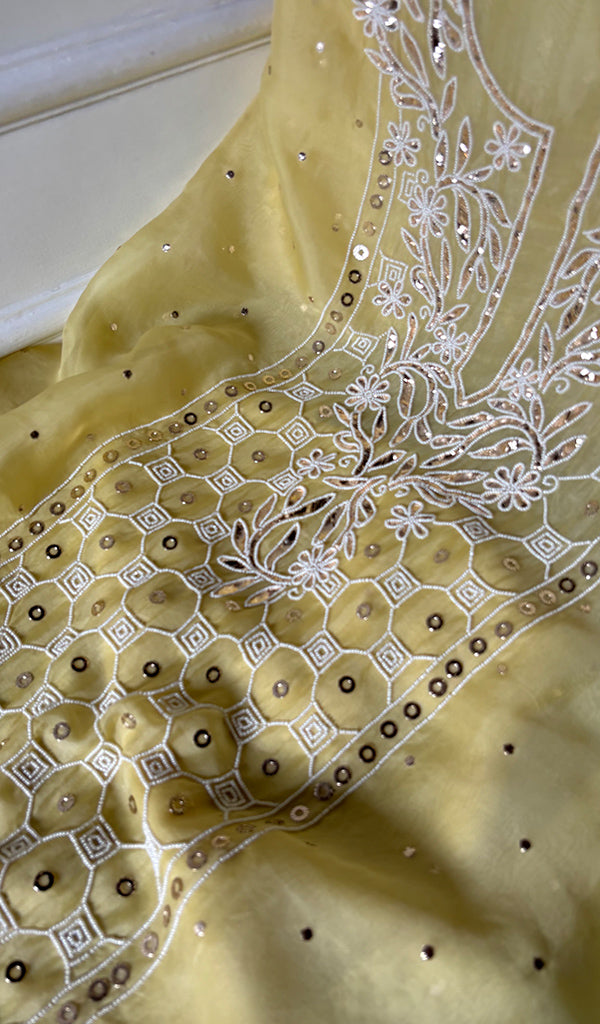 Women's Lakhnavi Handcrafted Pure Organza Chikankari Unstitched Kurta And Dupatta Set- HONC0314317