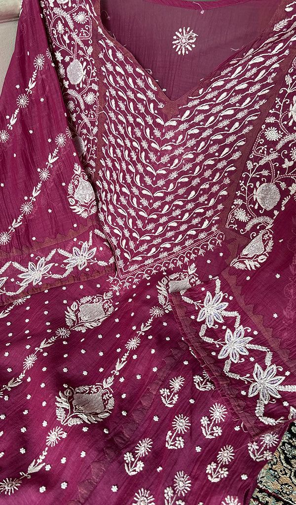 Aarushi Women's Lakhnavi Handcrafted Mul Chanderi Semi - stitched Chikankari Full Suit Material - HONC0360091