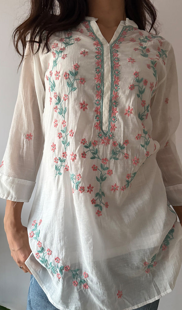 Sophia Women's Lakhnavi Handcrafted Mul Chanderi Chikankari Top - HONC0372966