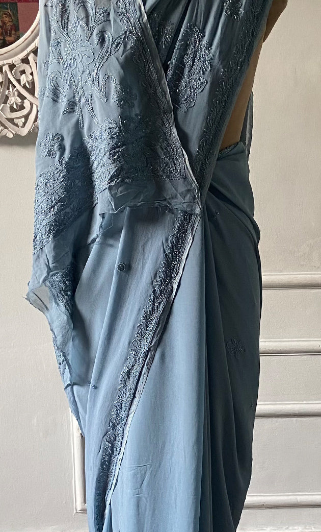 Women's Lakhnavi Handcrafted Viscose Georgette Chikankari Saree - HONC02329020