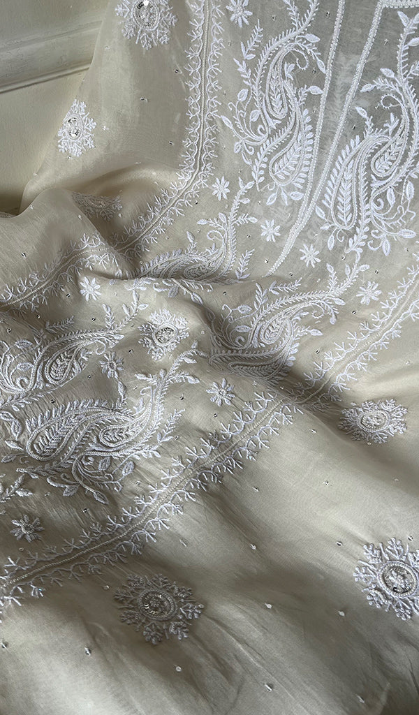 Women's Lakhnavi Handcrafted Pure Organza Chikankari Unstitched Kurta And Dupatta Set- HONC0300417