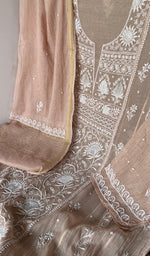 Beige Pure Mul Chanderi Chikankari 3 Pc Semi-Stitched Anarkali Suit Set