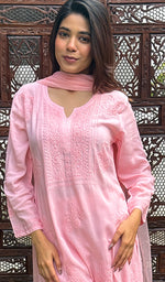 Load image into Gallery viewer, Women&#39;s Lakhnavi Handcrafted Modal Cotton Chikankari Kurta Dupatta And Palazzo Set - HONC0247744
