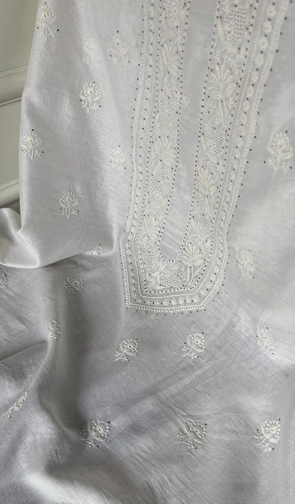 Women's Lucknowi Handcrafted Chanderi Silk Unstitched Chikankari Kurta and Dupatta Set- HONC0276223