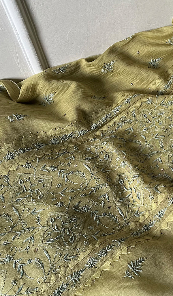 Women's Lakhnavi Handcrafted Mul Chanderi Semi - Stitched Kurta And Dupatta Set - HONC0269047