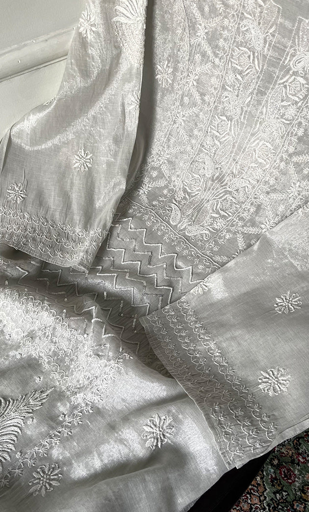 Women's Lakhnavi Handcrafted Tissue Chanderi Semi-Stitched Kurta And Dupatta Set - HONC0323646