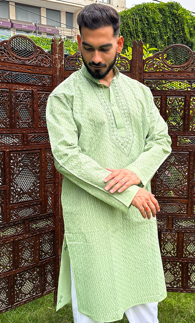 Men's Lucknowi Handcrafted Cotton Chikankari Kurta - HONC0298880