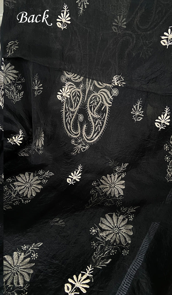 Women's Lakhnavi Handcrafted Pure Organza Chikankari Unstitched Kurta Dupatta Set .