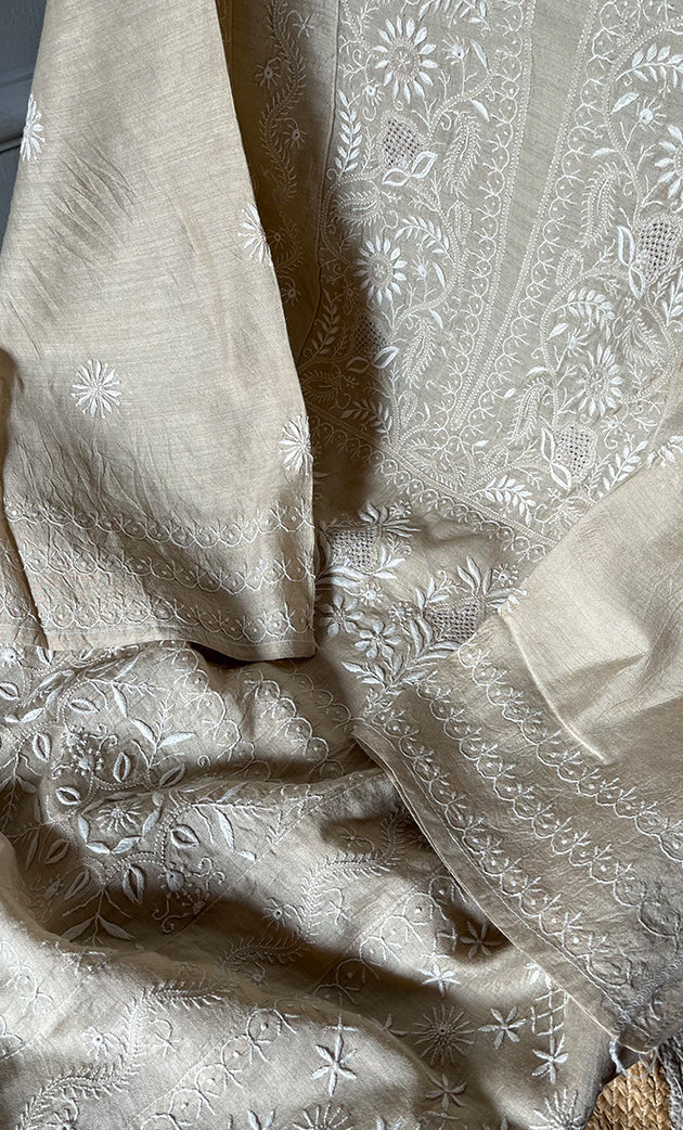 Women's Lakhnavi Handcrafted Munga Silk Semi - Stitched Chikankari Kurta And Dupatta Set- HONC0265423