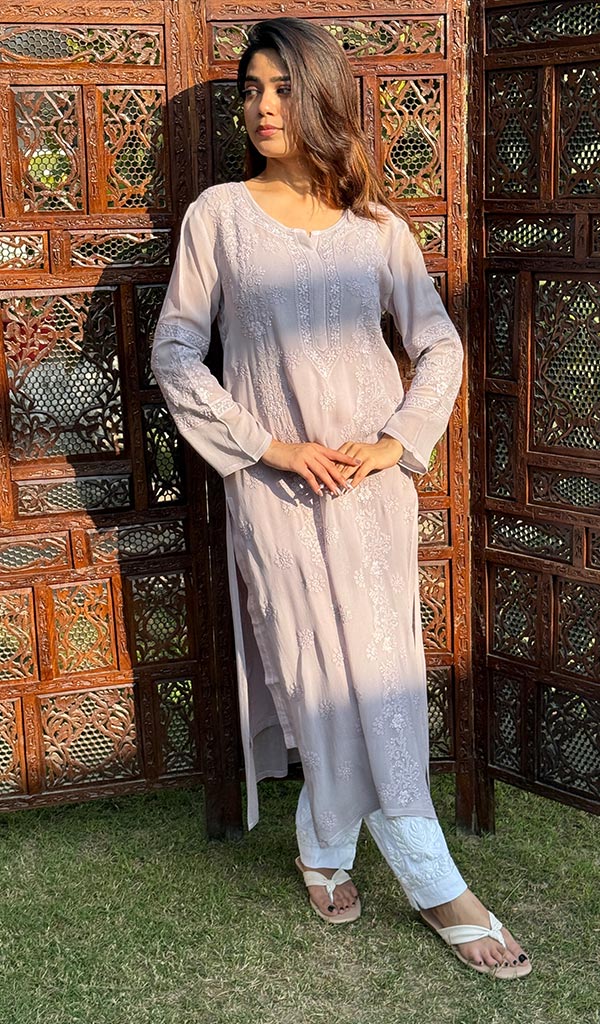 Safiya Women's Lakhnavi Handcrafted Viscose Georgette Chikankari Kurti - HONC02078420