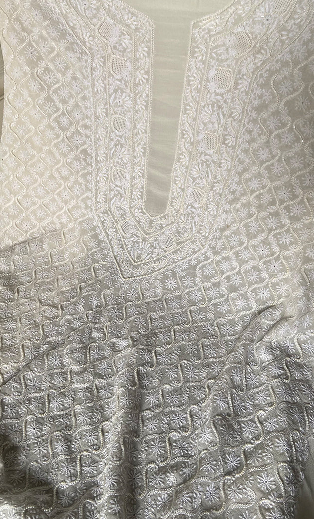 Lucknowi Handcrafted Pure Silk Georgette Chikankari Unstitched Men's Kurta Fabric - HONC0284198