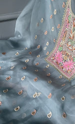 将图像加载到图库查看器中， Women&#39;s Lakhnavi Handcrafted Pure Organza  Silk Chikankari Unstitched Full Suit Material - HONC0267223
