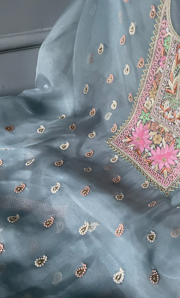 Women's Lakhnavi Handcrafted Pure Organza  Silk Chikankari Unstitched Full Suit Material - HONC0267223
