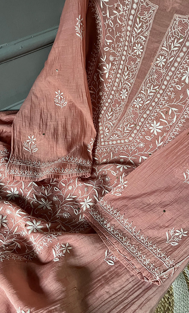 Women's Lakhnavi Handcrafted Mul Chanderi Semi - Stitched Kurta And Dupatta Set - HONC0284761