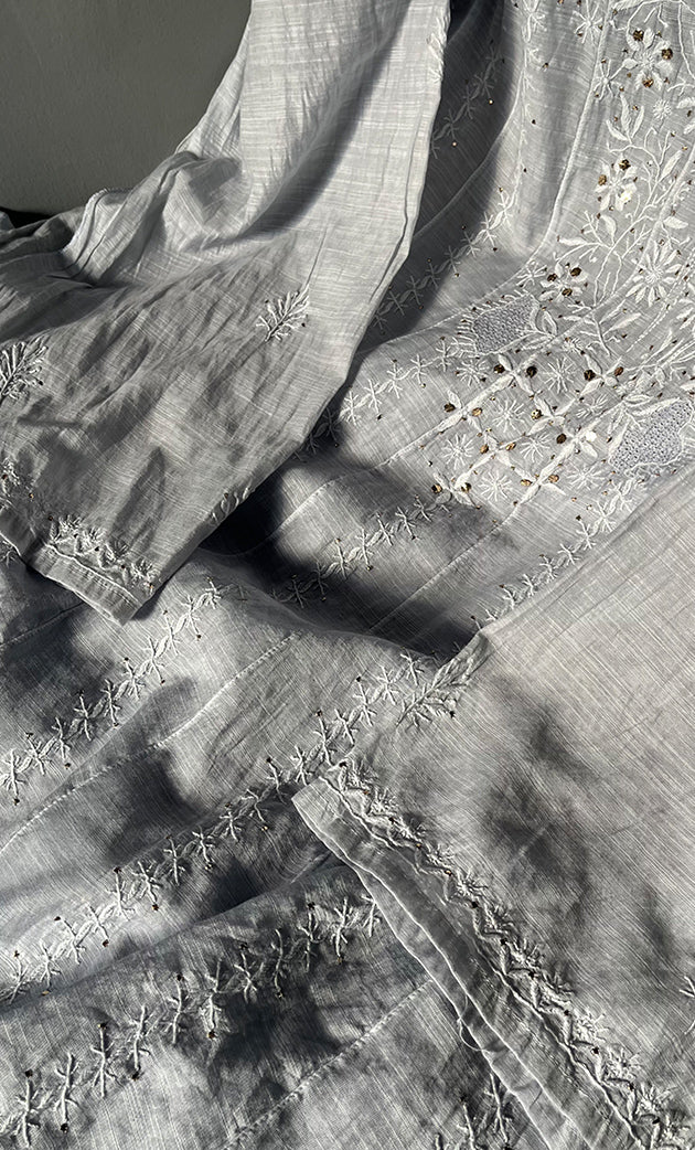 Women's Lakhnavi Handcrafted Linen Cotton Semi -Stitched Anarkali And Dupatta Set - HONC0273149
