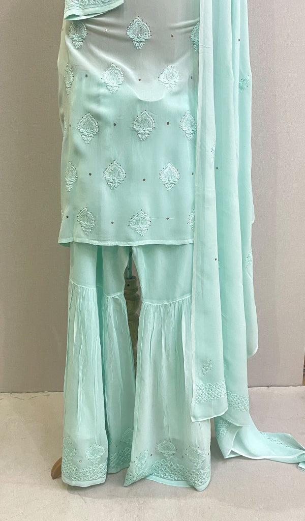 Women's Lakhnavi Handcrafted Viscose Georgette Chikankari Kurta And Palazzo Set With Dupatta -  HONC0155075