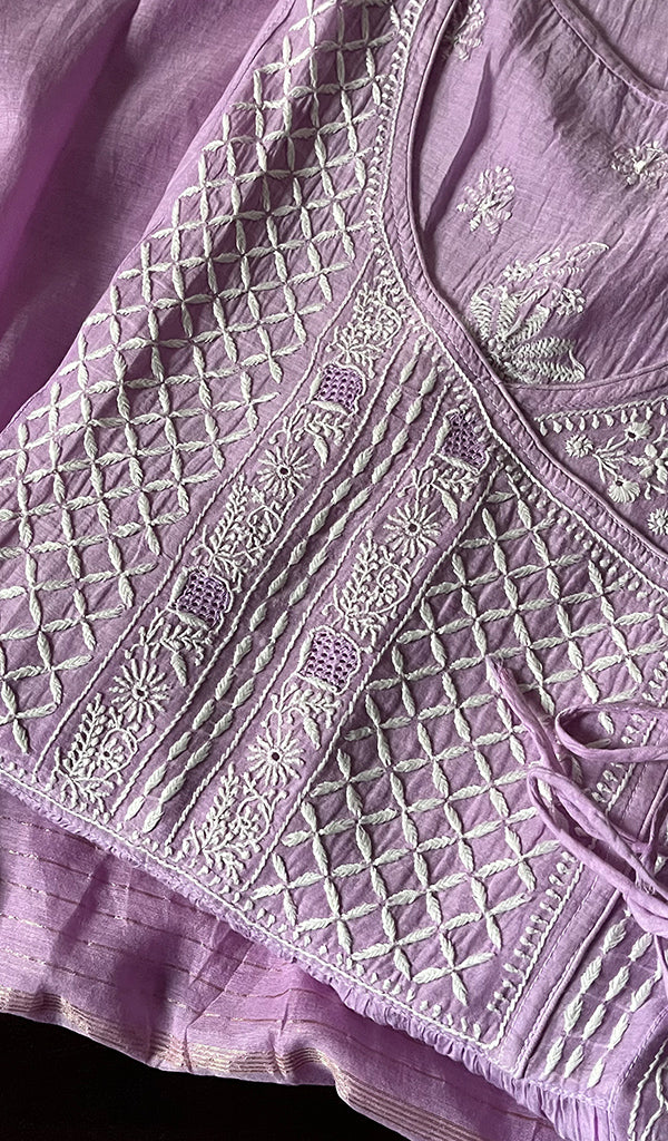 Women's Lakhnavi Handcrafted Mul Chanderi Chikankari Semi - Stitched Kurta Dupatta Set - HONC0235319