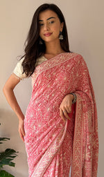 Load image into Gallery viewer, Women's Lakhnavi Handcrafted Pure Silk Georgette Chikankari Saree - HONC0334748