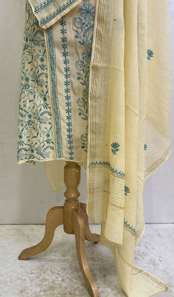Women's Lakhnavi Handcrafted Mul Chanderi Chikankari Semi Stitched Kurta And Dupatta Set- HONC0144307