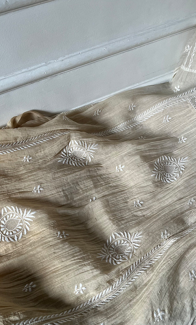 Izana Women's Lakhnavi Handcrafted Mul Chanderi Semi - stitched Chikankari Full Suit Material - HONC0333506
