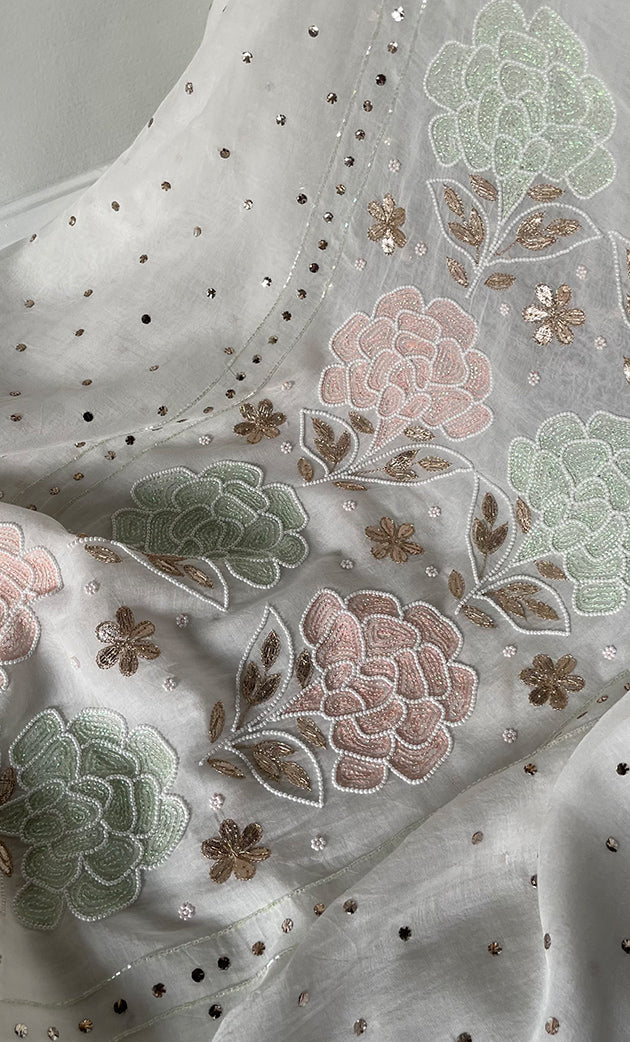 Women's Lakhnavi Handcrafted Unstitched Mul Chanderi Kurta And Dupatta Set - HONC0311960