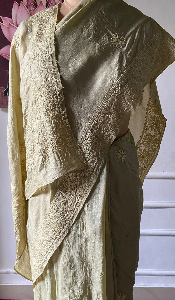 Women's Lakhnavi Handcrafted Tussar Silk Chikankari Saree - HONC0307380