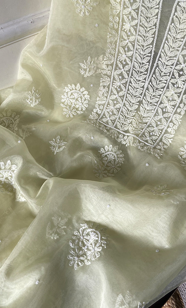 Women's Lakhnavi Handcrafted Organza Chikankari Unstitched Full Suit Material - HONC0287044