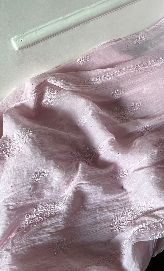 Women's Lakhnavi Handcrafted Mul Chanderi Semi - stitched Chikankari Full Suit Material - HONC0319559