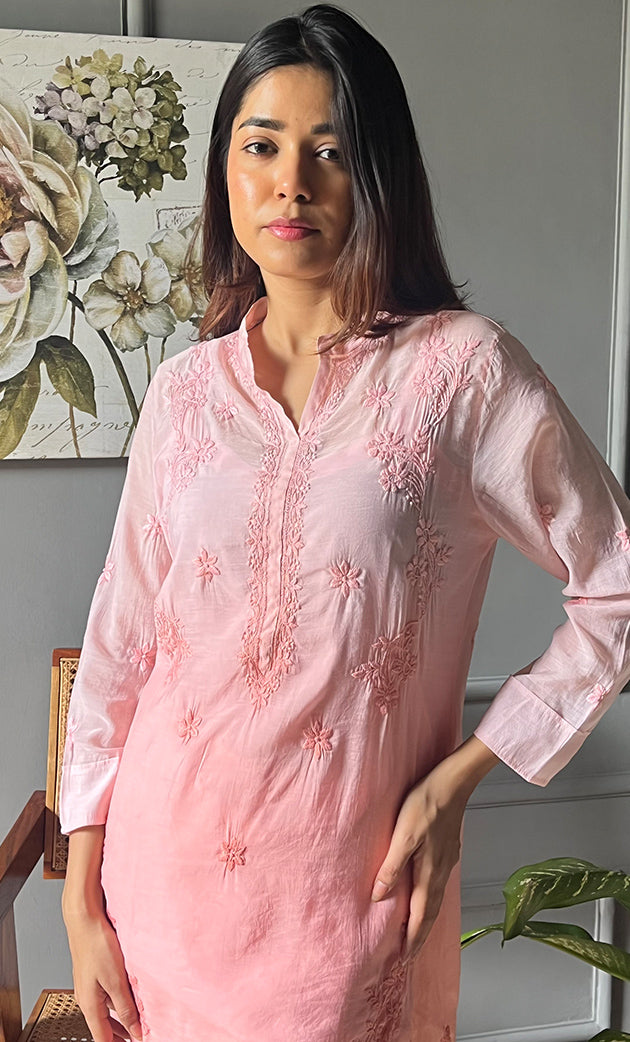 Women's Lakhnavi Handcrafted Muslin Chikankari Kurta And Pant Set - HONC0300572