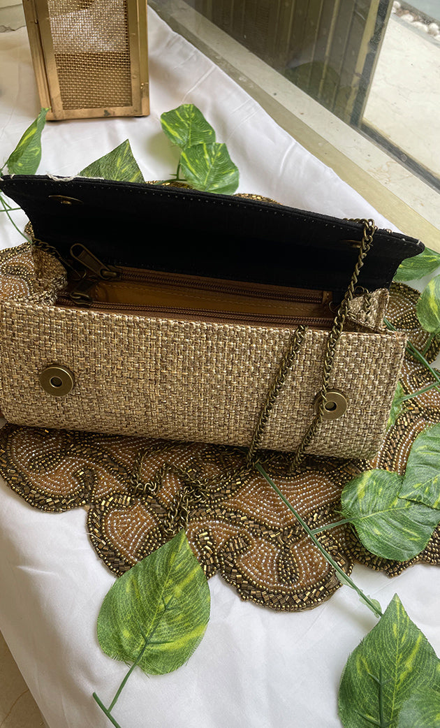 Embroidered Black & Gold Hand Clutch - HONC0310077