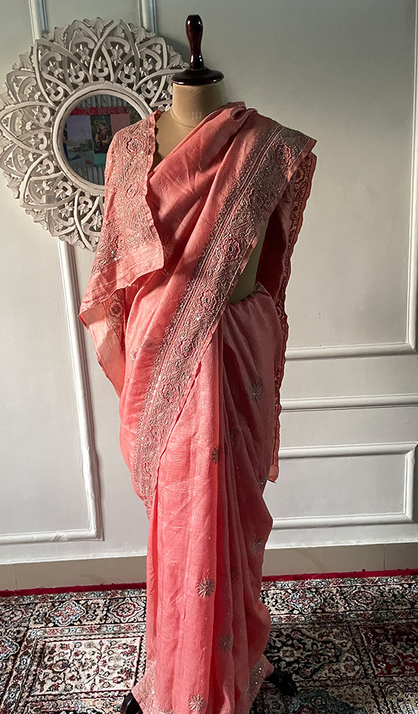 Women's Lakhnavi Handcrafted Tussar Silk Chikankari Saree - HONC0314578