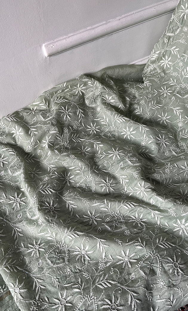 Women's Lakhnavi Handcrafted Unstitched Munga Silk Chikankari Kurta And Dupatta Set- HONC0274528