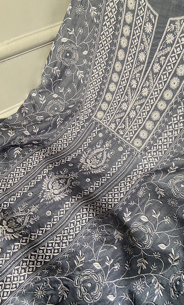 Women's Lakhnavi Handcrafted Unstitched Munga Silk Chikankari Kurta And Dupatta Set- HONC0268577