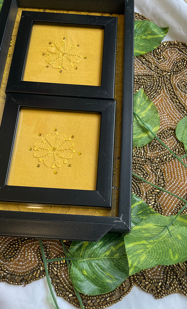 Handcrafted Chikankari Tray with Two Coasters – Wooden Frame - HONC0295548