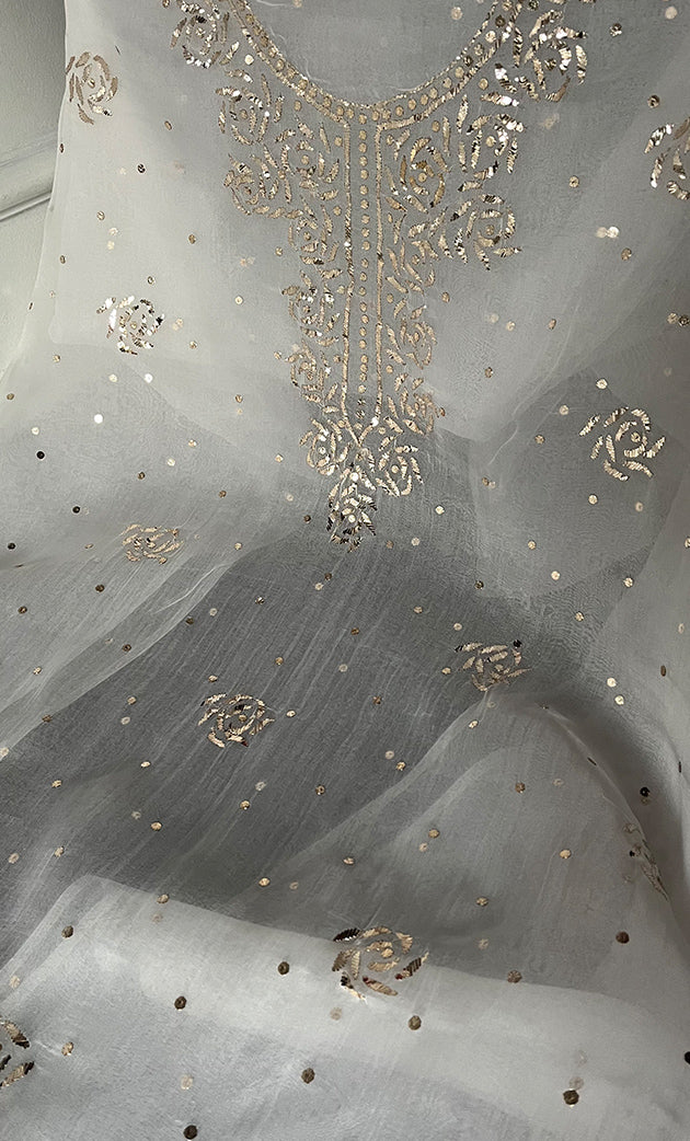 Women's Lakhnavi Handcrafted Pure Organza Chikankari Unstitched Kurti Fabric - HONC0335837