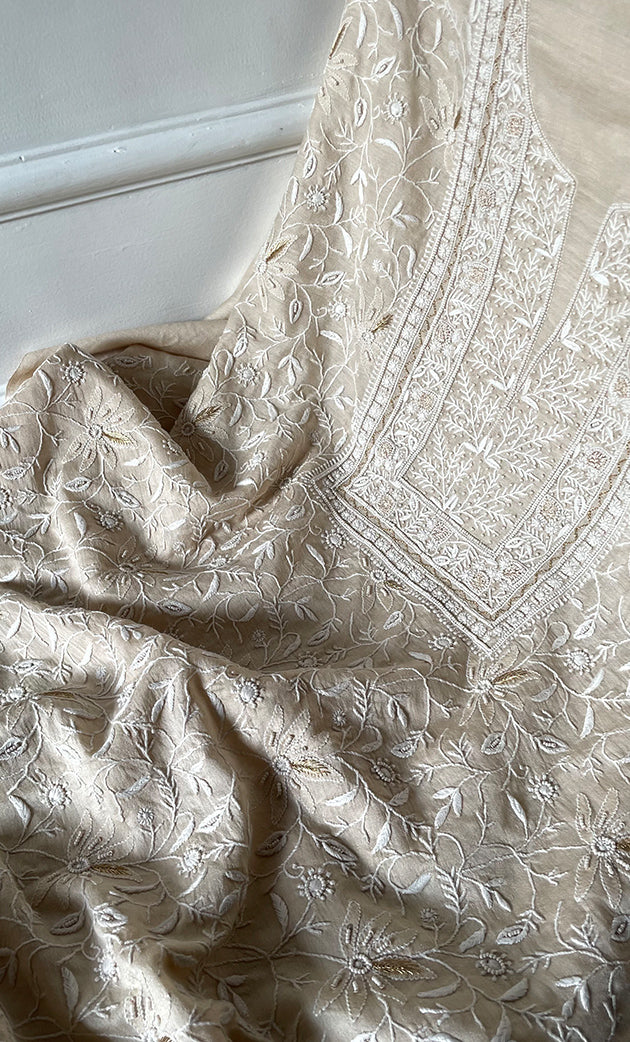 Women's Lakhnavi Handcrafted Munga Silk Chikankari Kurta And Dupatta Set- HONC0283182